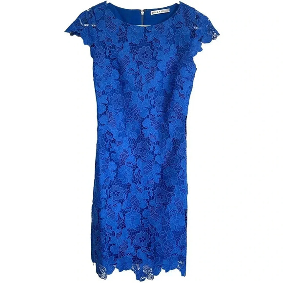 NEW Alice Olivia Clover Blue Guipure Lace Short Sleeved Mini Dress Size 2 - Picture 8 of 11